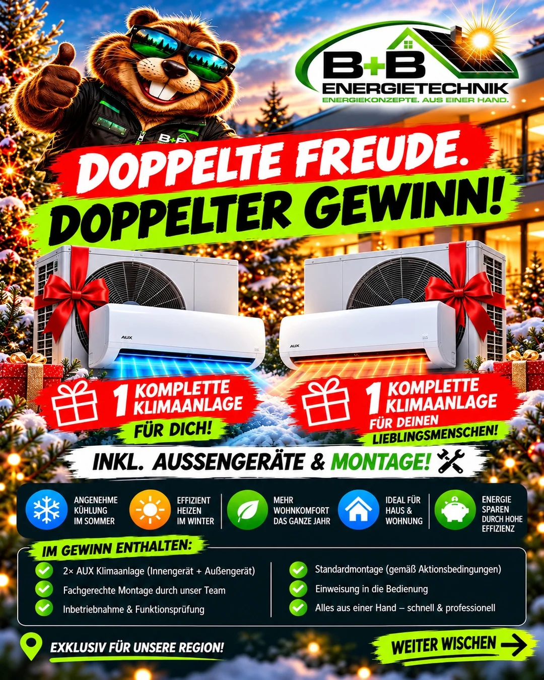 Zwei AUX-Klimaanlagen als Weihnachtsgeschenk: je ein Innen- und Außengerät, inklusive Standardmontage, Inbetriebnahme und Einweisung.